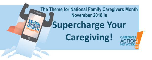 Smartphone dressed as super hero with "National Family Caregiver Month" displayed on screen