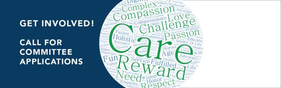 Text on blue background reading "Get Involved! Call for Committee Applications" and word cloud